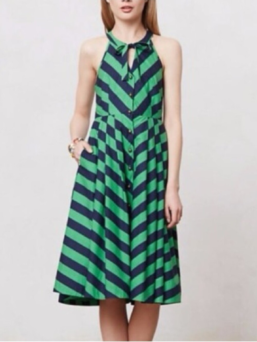 Anthropologie GIRLS FROM SAVOY Coastal Striped Green and Navy Halter Midi Dress